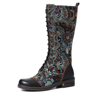 Flowers Pattern Colorful Stitching Elegant Zipper Lace Up Flat Mid Calf Boots Elegant Shoes Women Shoes Botas  Mujer