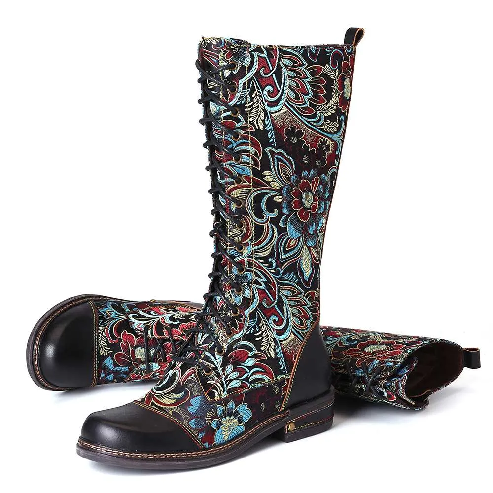 Flowers Pattern Colorful Stitching Elegant Zipper Lace Up Flat Mid Calf Boots Elegant Shoes Women Shoes Botas  Mujer