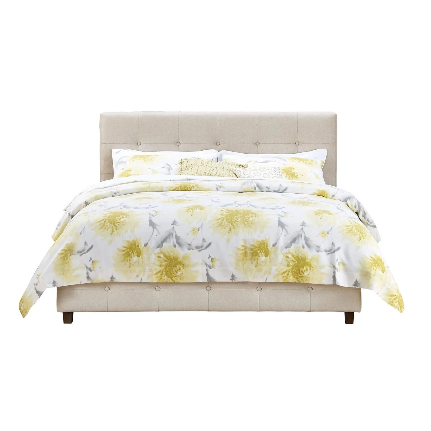 Full size Tan Linen Upholstered Platform Bed Frame with Button-Tufted Headboard
