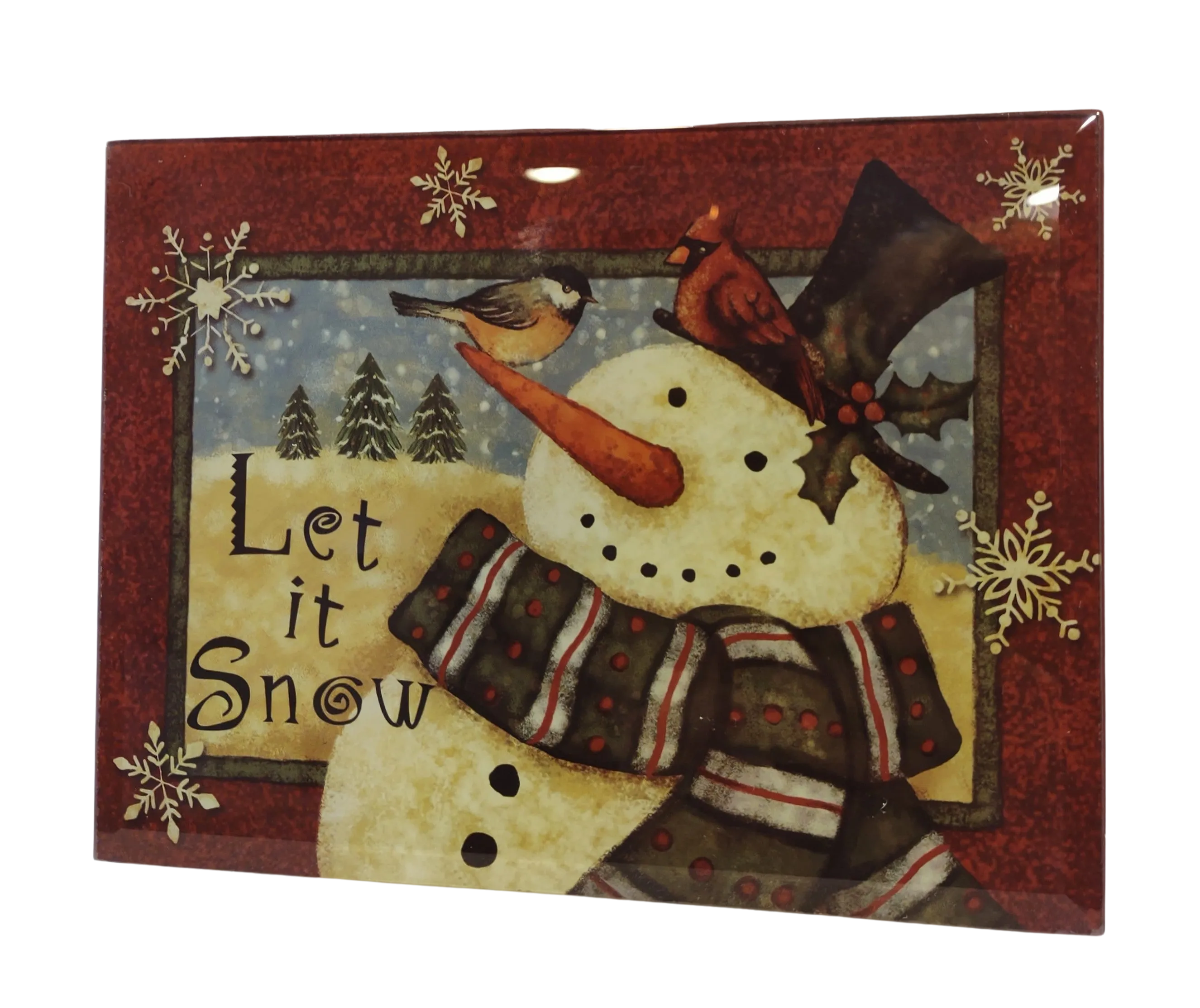 Glass & Wooden Sign with Winter Scene & Snowman - Let It Snow- 8"x6"