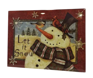 Glass & Wooden Sign with Winter Scene & Snowman - Let It Snow- 8"x6"