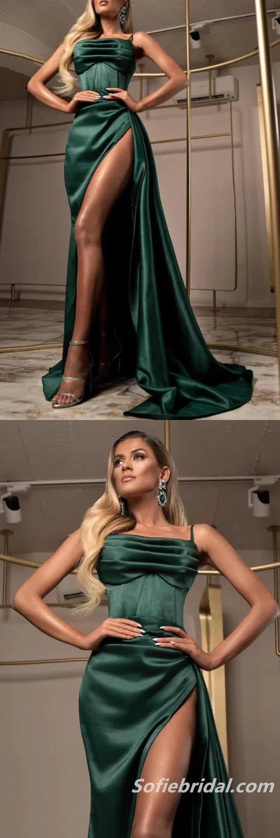 Gorgeous Satin Spaghetti Straps Dark Green Prom Dress Long With Slit,SFPD0214