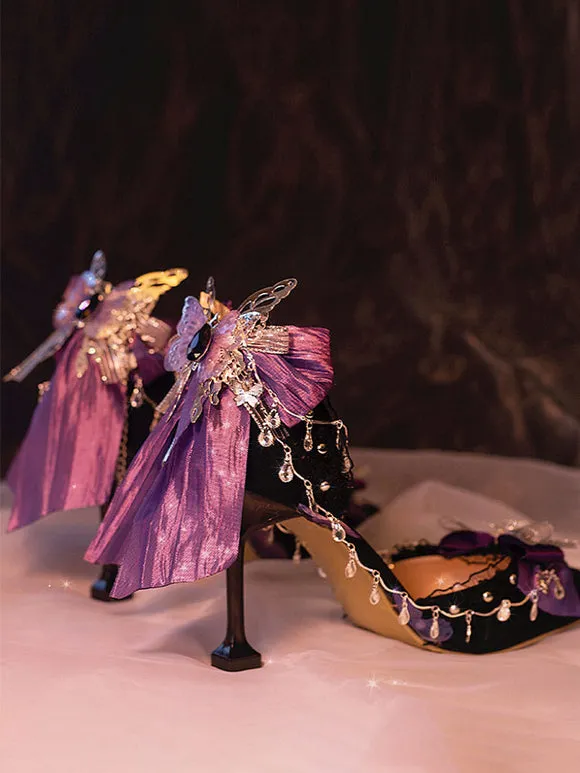 Gothic Lolita Footwear Black Chains Bows Ruffles Silk And Satin Stiletto Heel Lolita Pumps