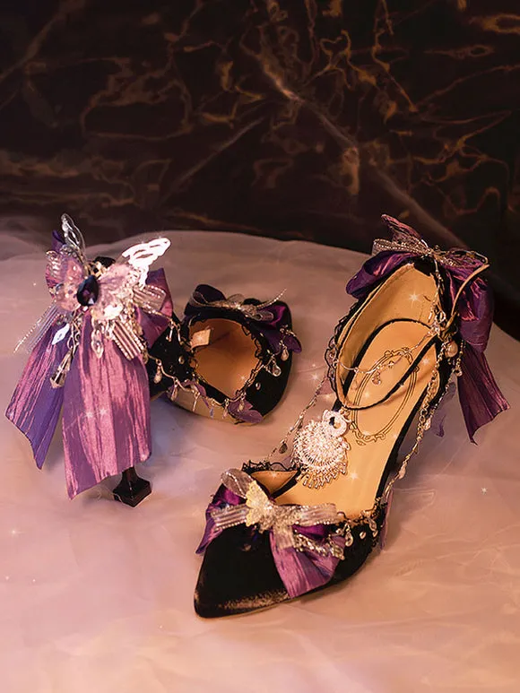 Gothic Lolita Footwear Black Chains Bows Ruffles Silk And Satin Stiletto Heel Lolita Pumps
