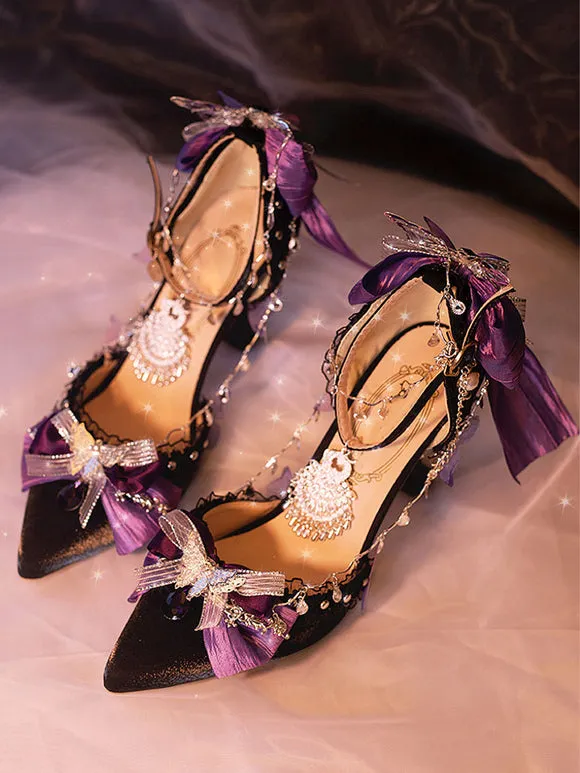 Gothic Lolita Footwear Black Chains Bows Ruffles Silk And Satin Stiletto Heel Lolita Pumps