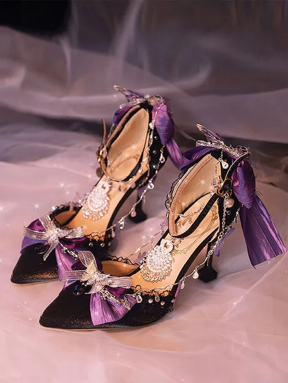 Gothic Lolita Footwear Black Chains Bows Ruffles Silk And Satin Stiletto Heel Lolita Pumps