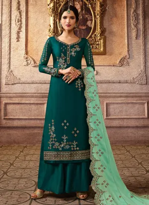 Green Two Tone Embroidered Palazzo Suit