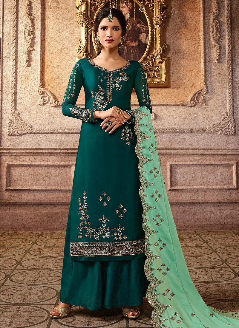 Green Two Tone Embroidered Palazzo Suit