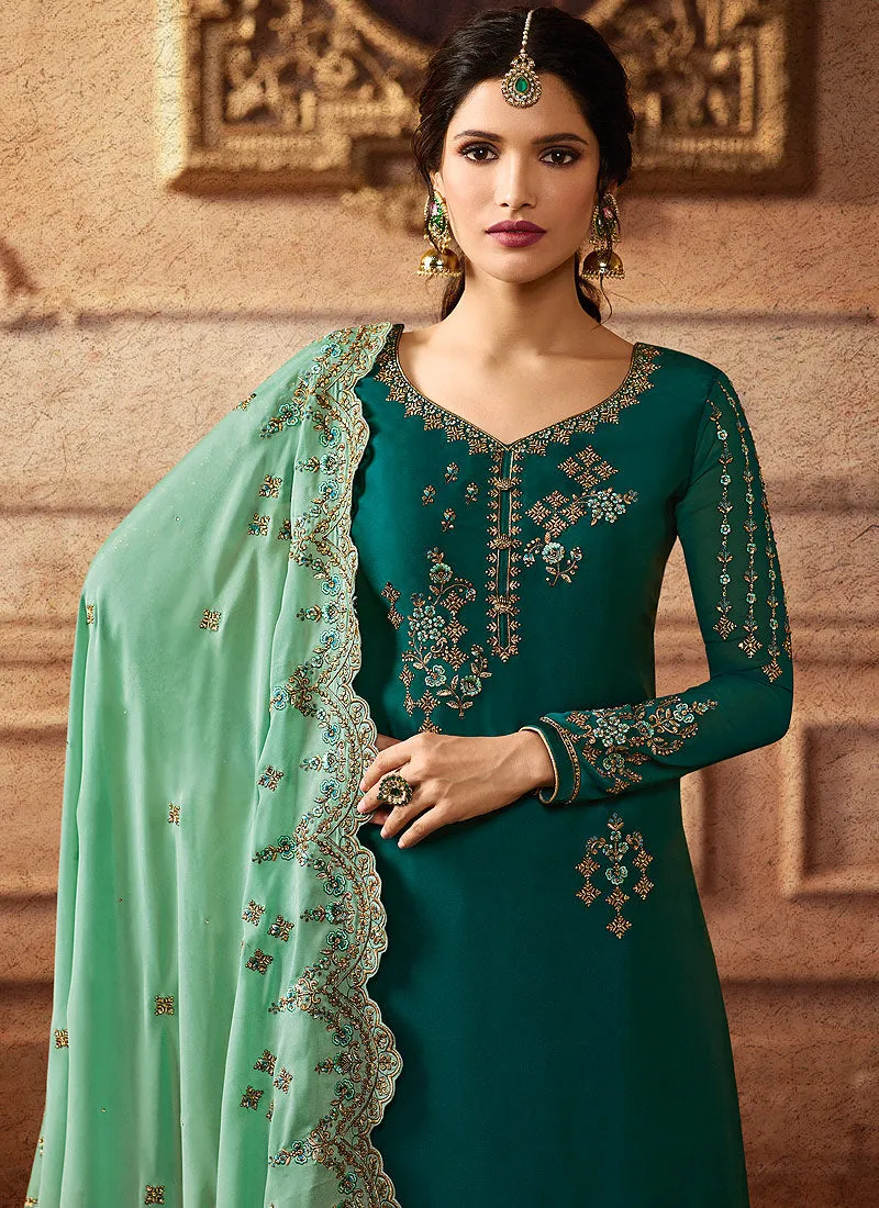 Green Two Tone Embroidered Palazzo Suit