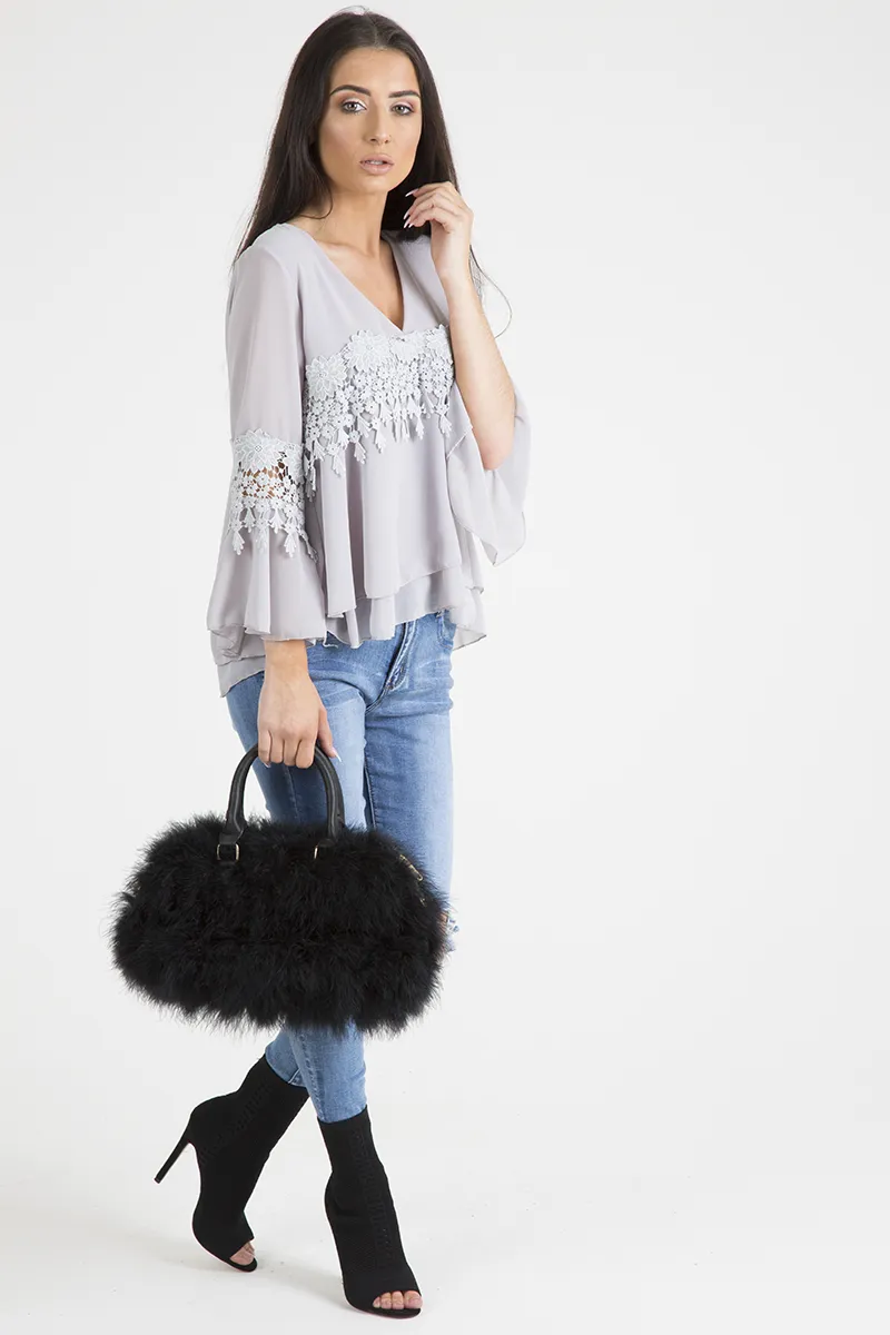 Grey Crochet Detail Bell Sleeve Layered Top - Fiona