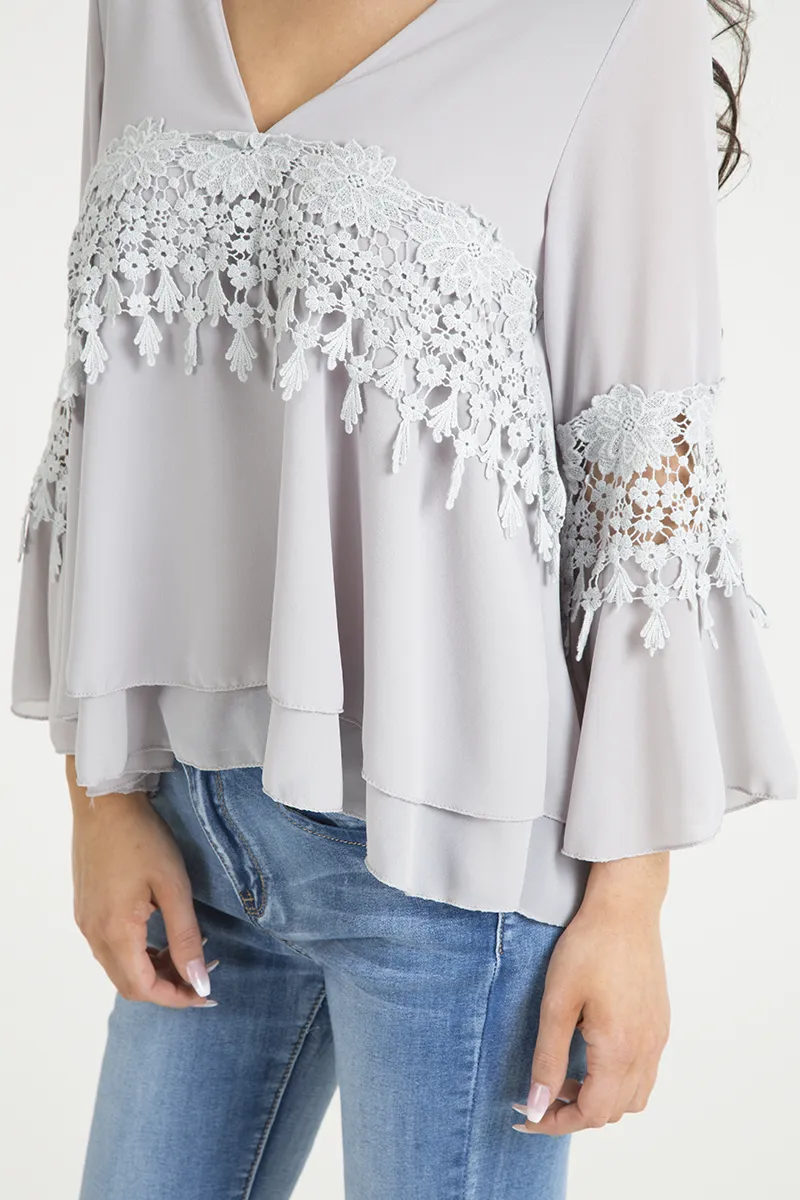 Grey Crochet Detail Bell Sleeve Layered Top - Fiona