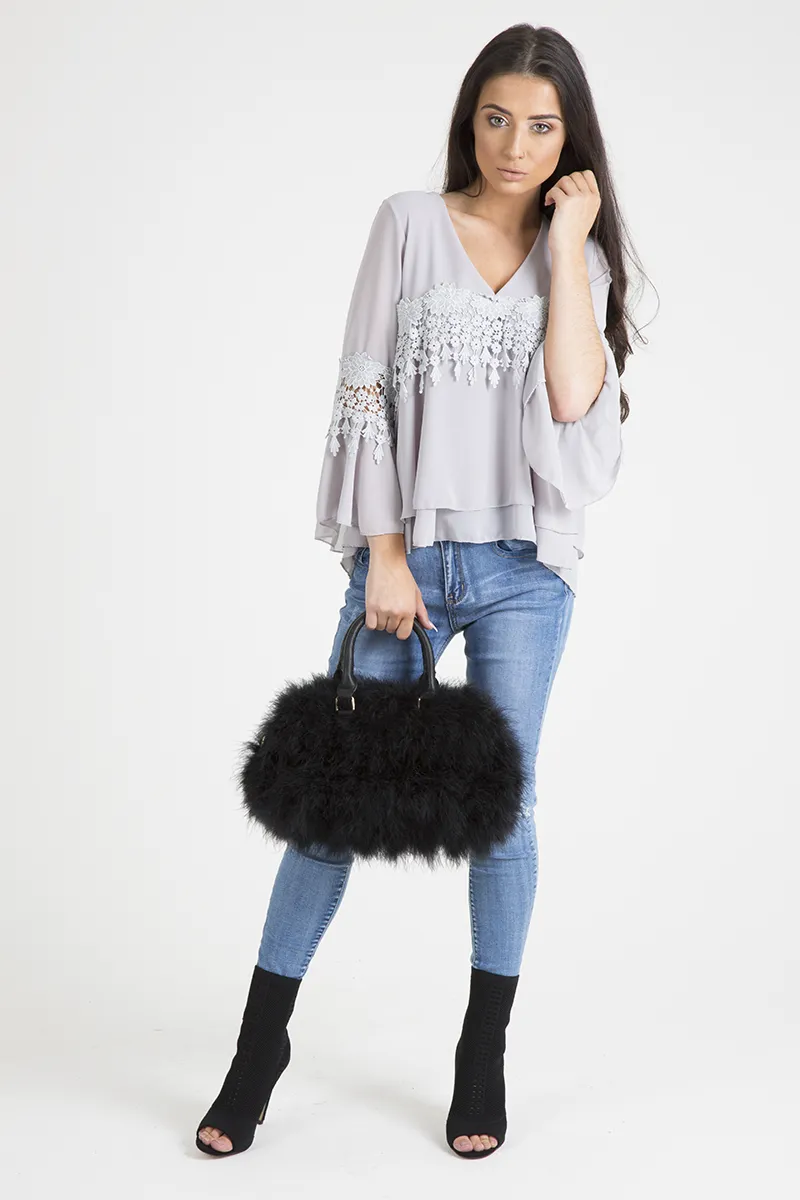 Grey Crochet Detail Bell Sleeve Layered Top - Fiona