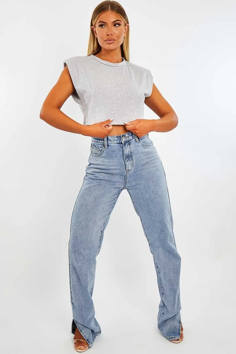 Grey Cropped Shoulder Pad T-shirt - Ivani
