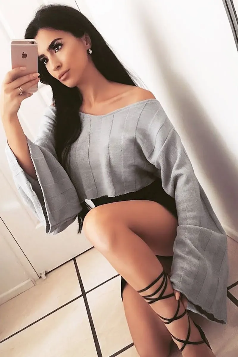 Grey Striped Cropped Batwing Jumper with V neck -Karri