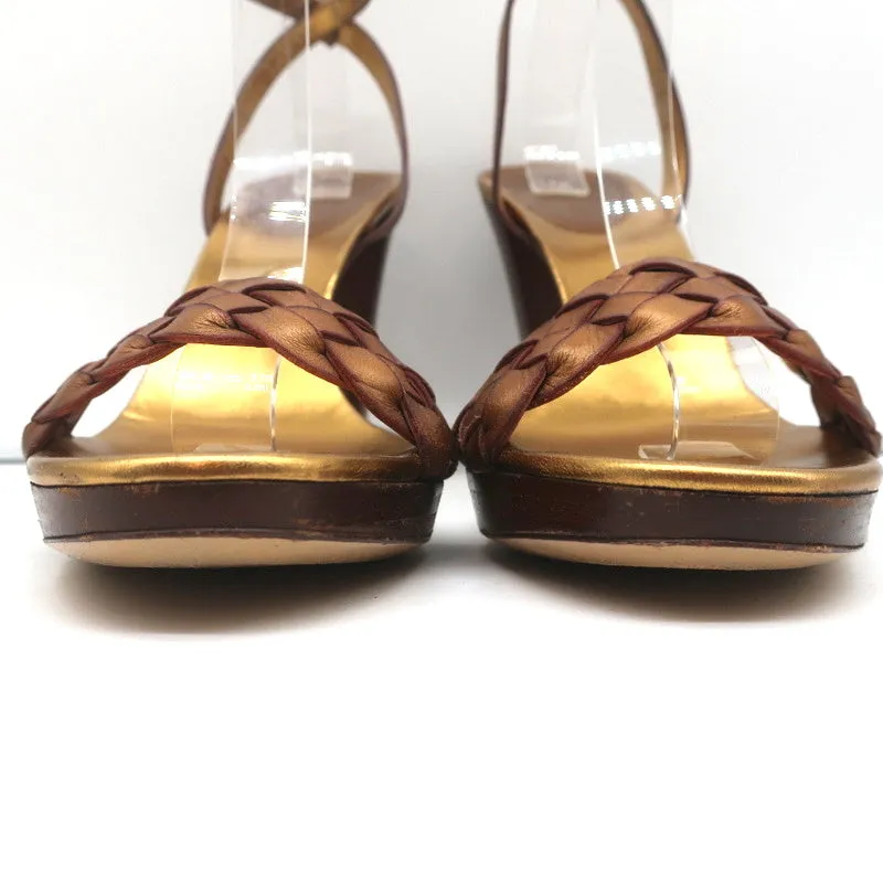 Gucci Braided Platform Sandals Bronze Metallic Leather Size 9.5 Ankle Strap Heel