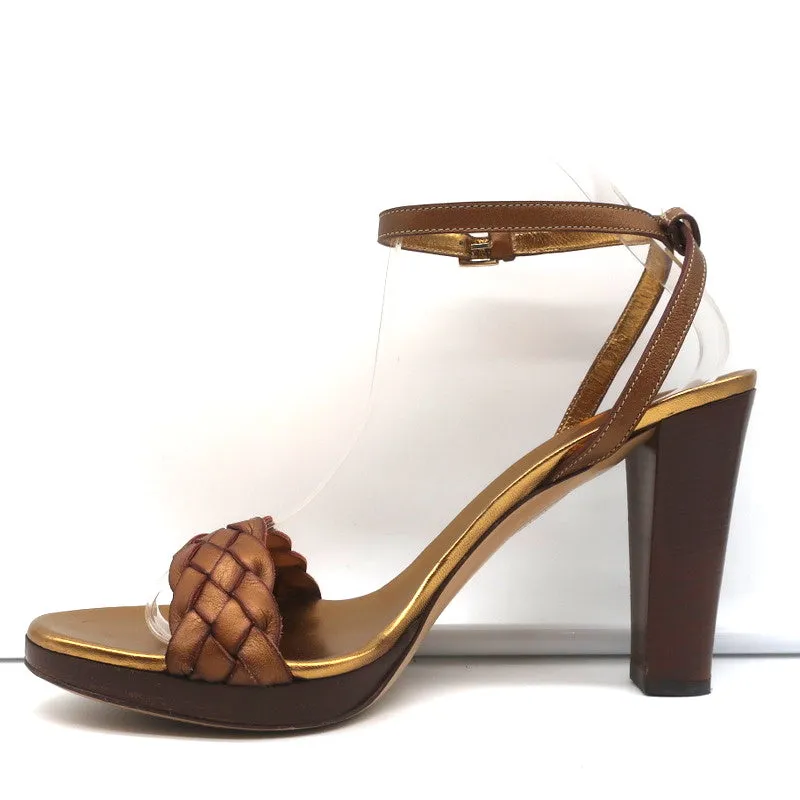 Gucci Braided Platform Sandals Bronze Metallic Leather Size 9.5 Ankle Strap Heel