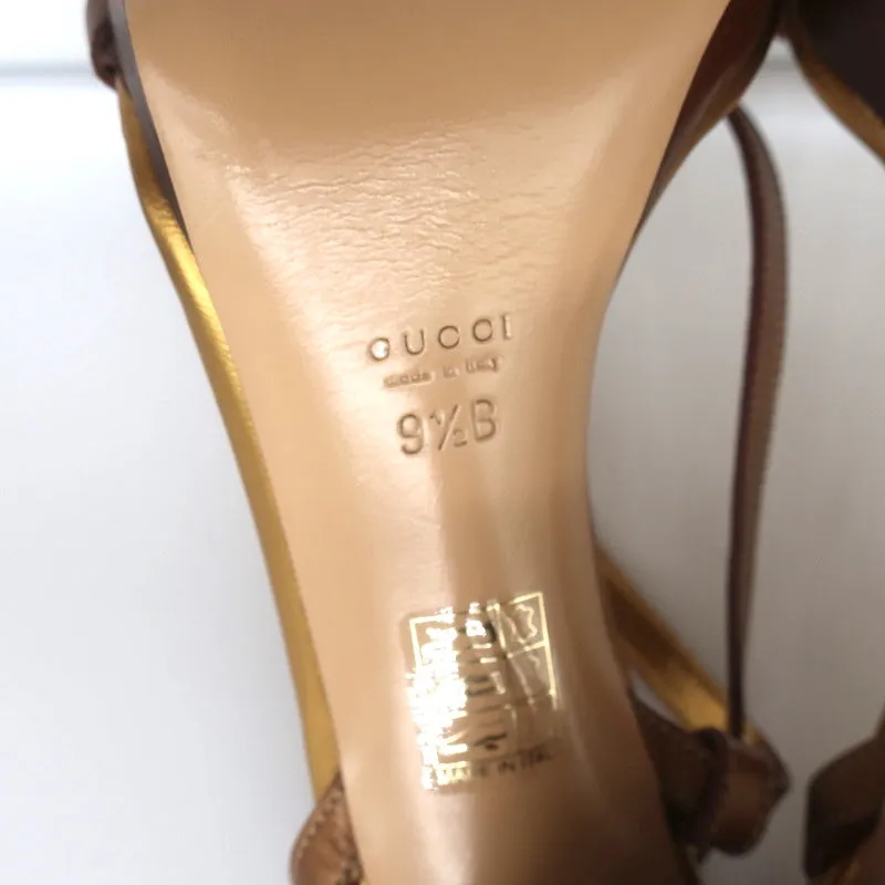 Gucci Braided Platform Sandals Bronze Metallic Leather Size 9.5 Ankle Strap Heel