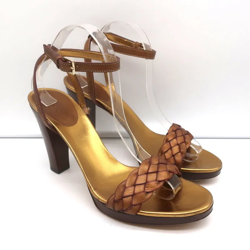 Gucci Braided Platform Sandals Bronze Metallic Leather Size 9.5 Ankle Strap Heel