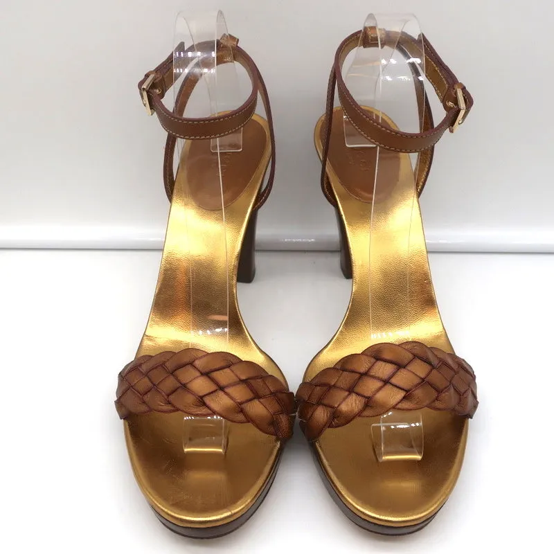 Gucci Braided Platform Sandals Bronze Metallic Leather Size 9.5 Ankle Strap Heel