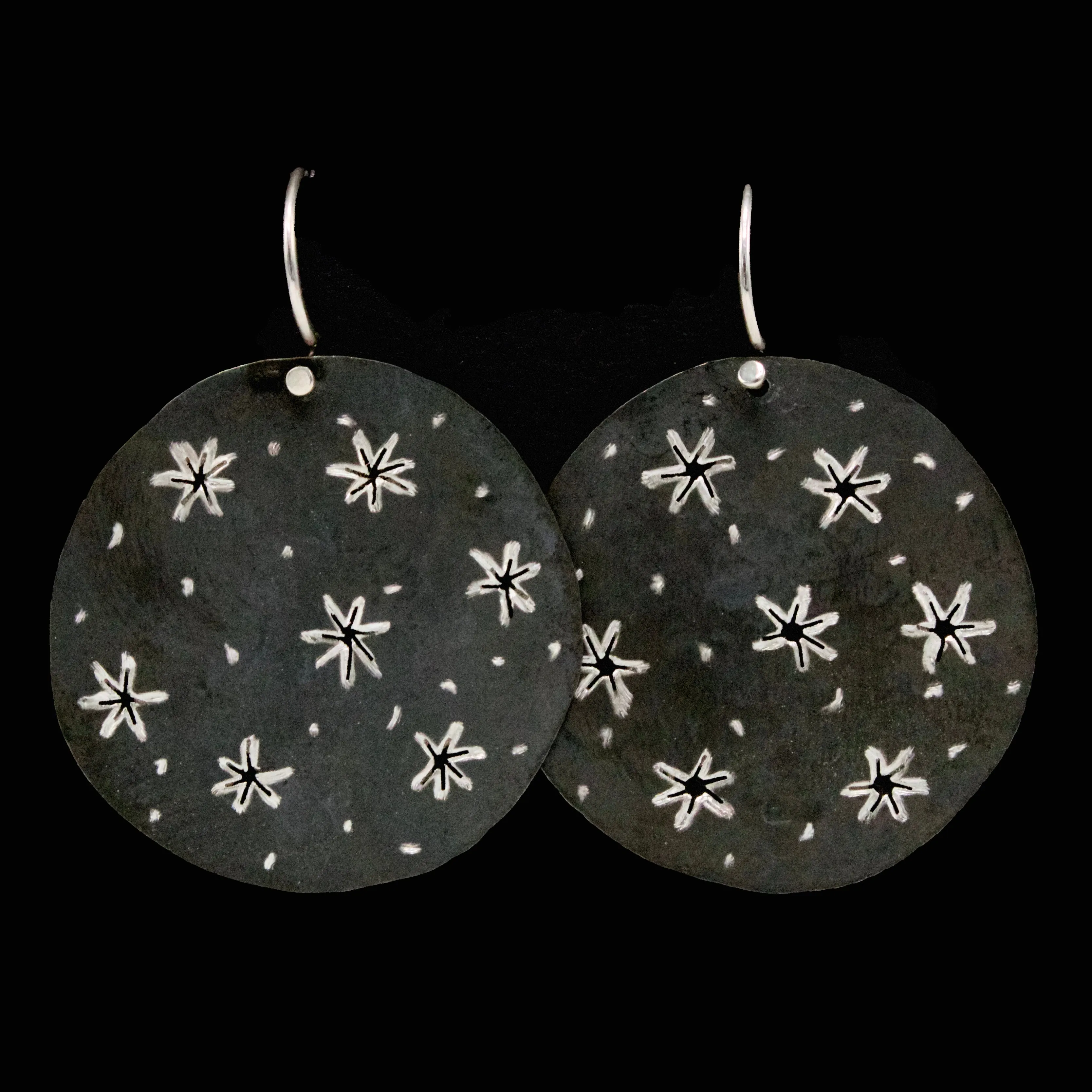 Guillermo Arregui Designed Oxidized Sterling Silver Disc Earrings with Stars