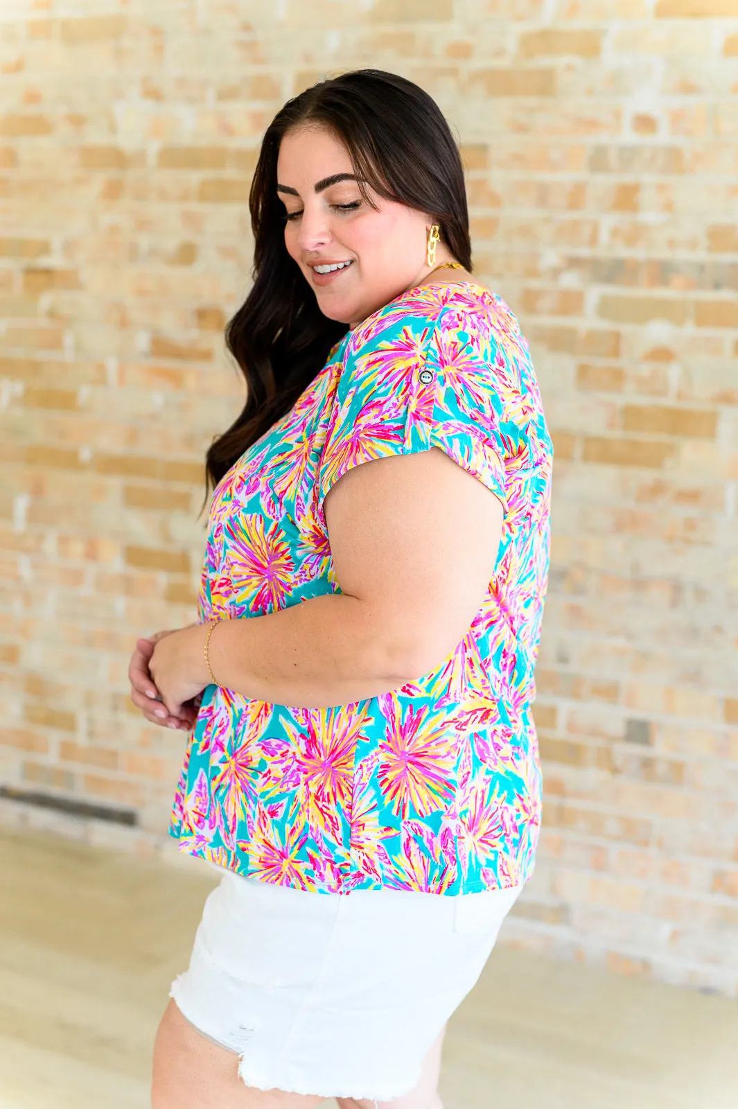Hazel Blues® |  Lizzy Cap Sleeve Top in Emerald Multi Palm Trees