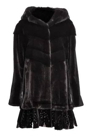 Hooded Directional Black Mid-Length Mink Fur Coat - Lace Bottom