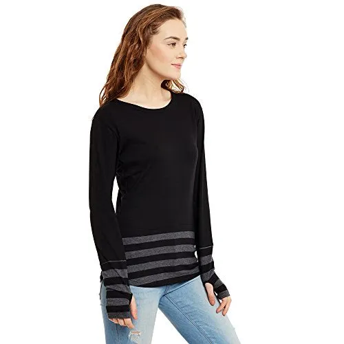HYPERNATION Black and Grey Stripe Round Neck Thumb Insert Cotton Blend T-Shirt for Women(HYPW01355)