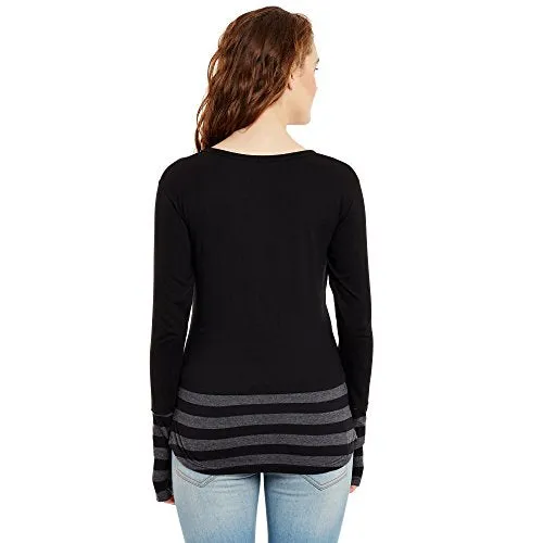 HYPERNATION Black and Grey Stripe Round Neck Thumb Insert Cotton Blend T-Shirt for Women(HYPW01355)