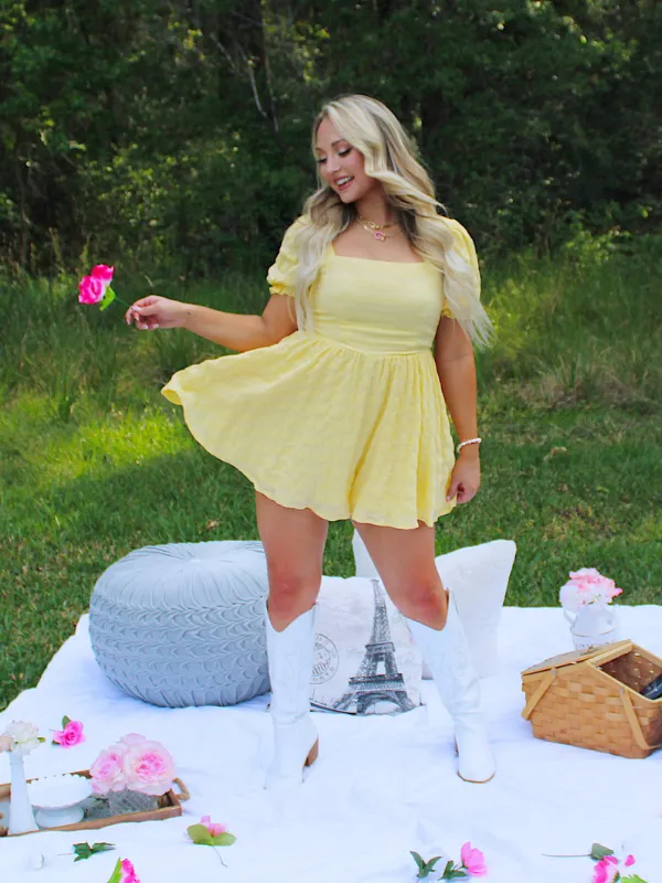 I've Got Sunshine Square Neck Tie Back Flowy Romper, Yellow