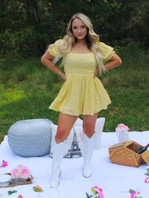 I've Got Sunshine Square Neck Tie Back Flowy Romper, Yellow