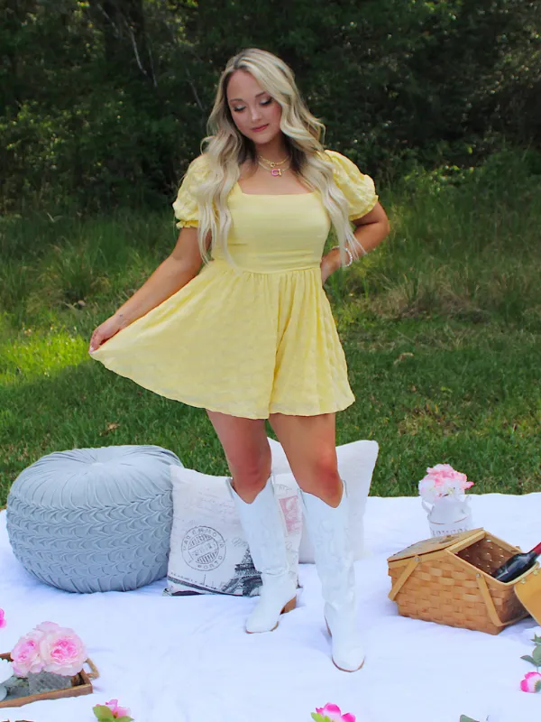 I've Got Sunshine Square Neck Tie Back Flowy Romper, Yellow