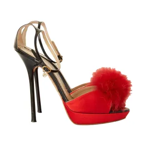 John Galliano Red   Black Fur Stiletto Heels