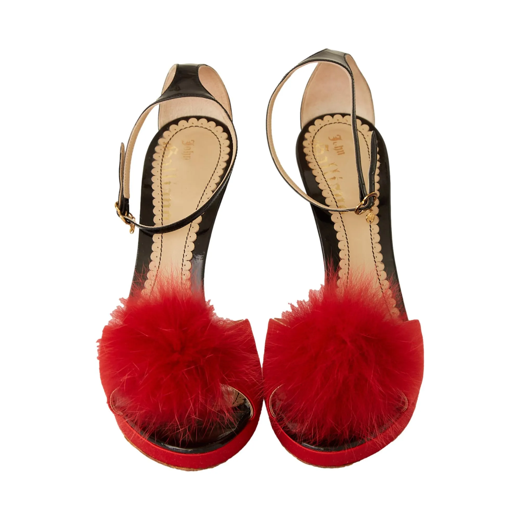 John Galliano Red   Black Fur Stiletto Heels