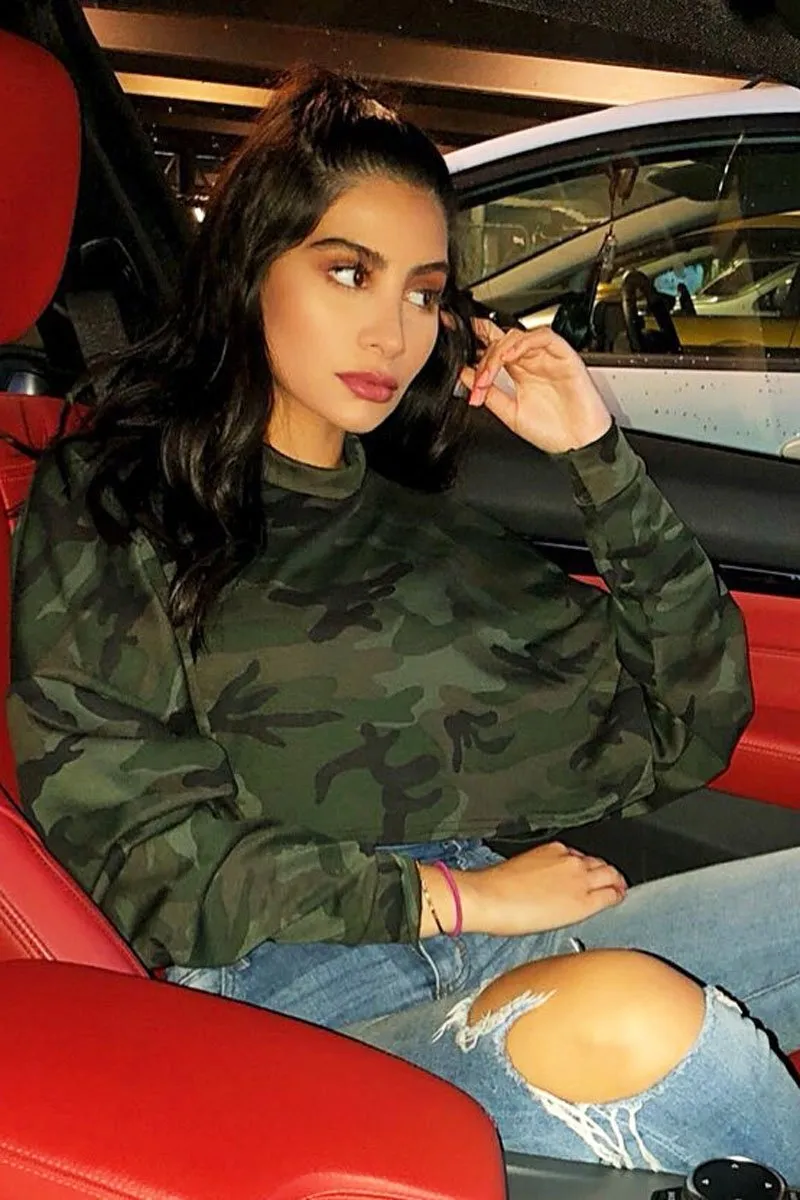 Khaki Camo Cropped Batwing Jumper - Lizy