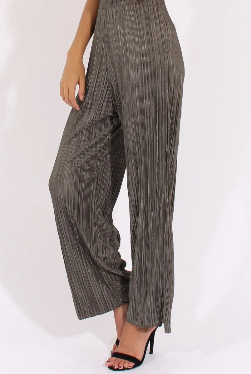 Khaki Metallic Pleated High Waisted Trousers - Phoebe