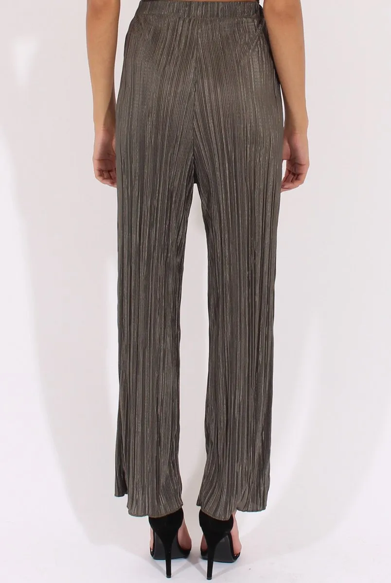 Khaki Metallic Pleated High Waisted Trousers - Phoebe