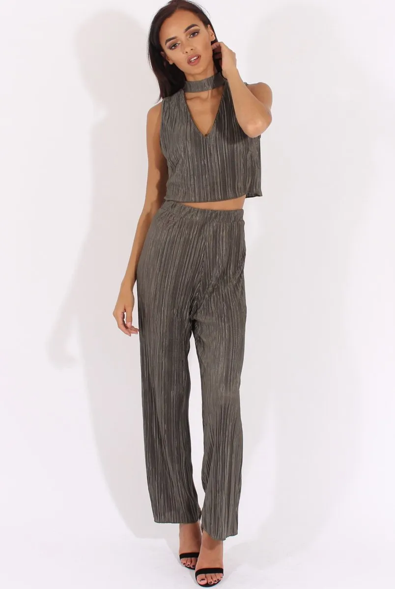 Khaki Metallic Pleated High Waisted Trousers - Phoebe