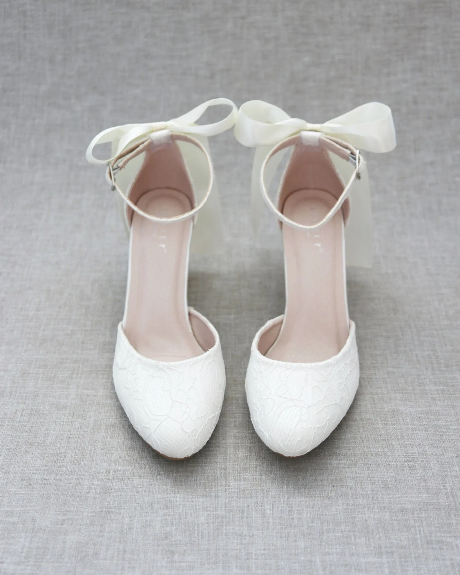 Lace Block Heel with Satin Back Bow