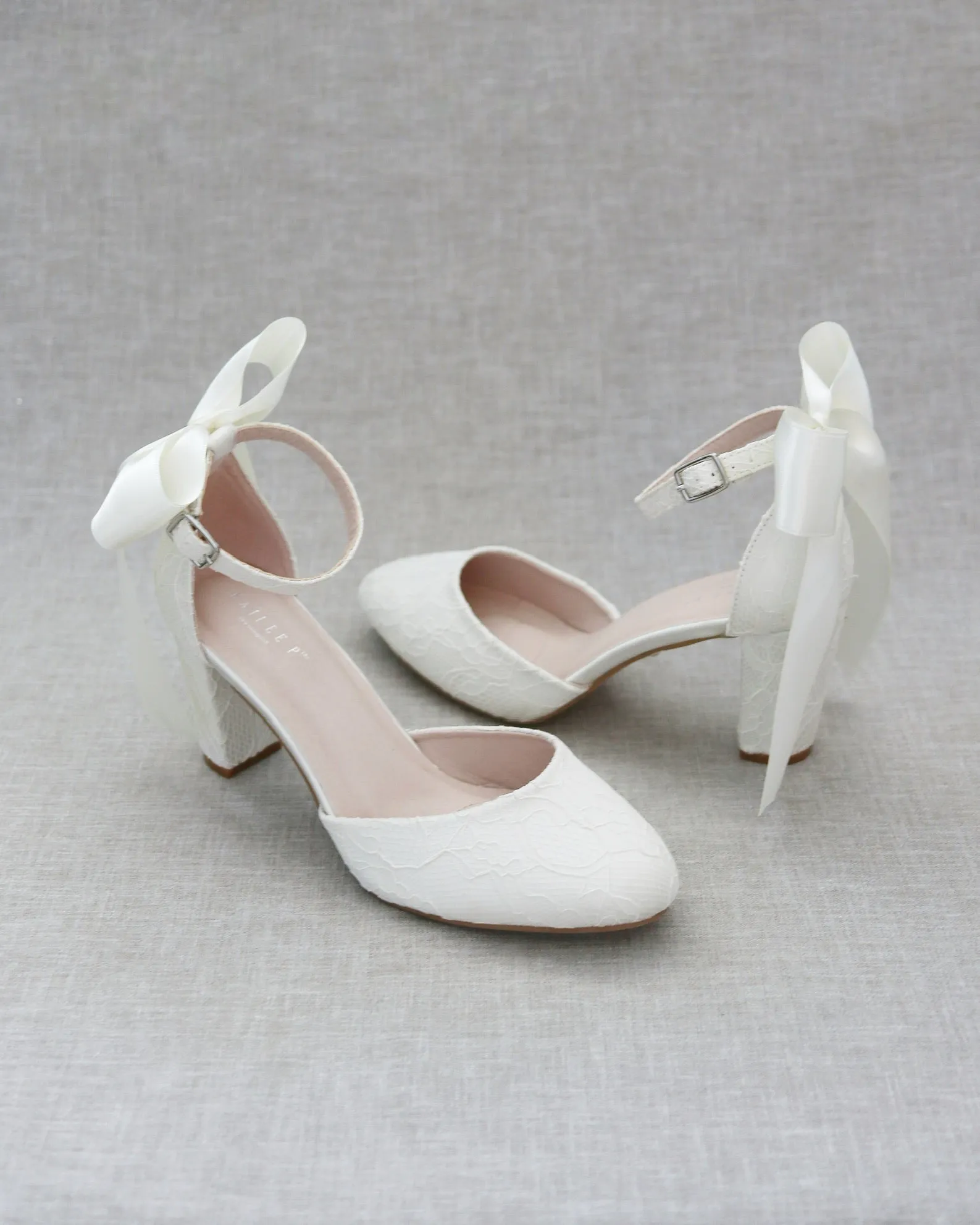 Lace Block Heel with Satin Back Bow