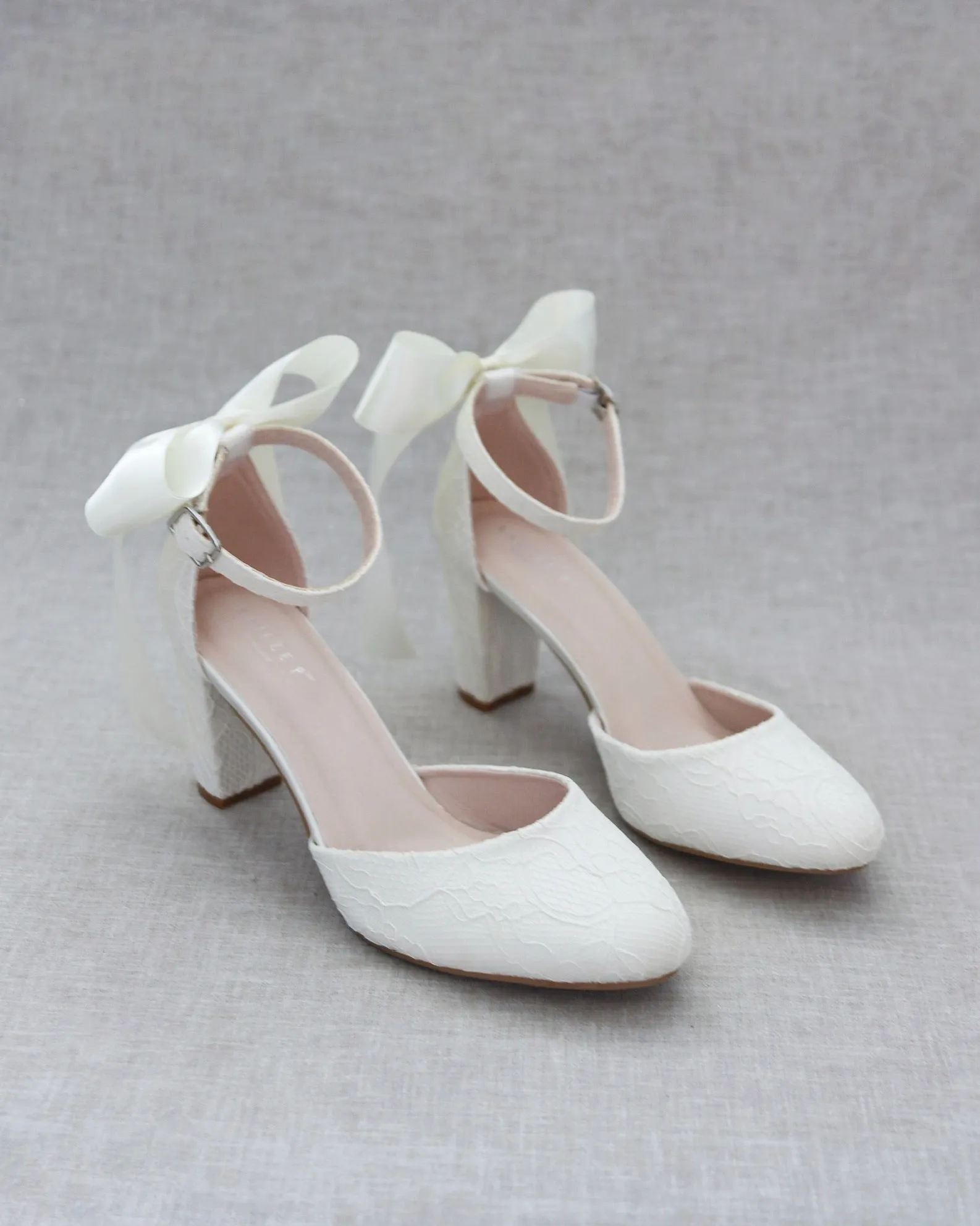Lace Block Heel with Satin Back Bow