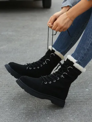 Lace-up Front Thermal Lined Faux Suede Snow Boots - Black