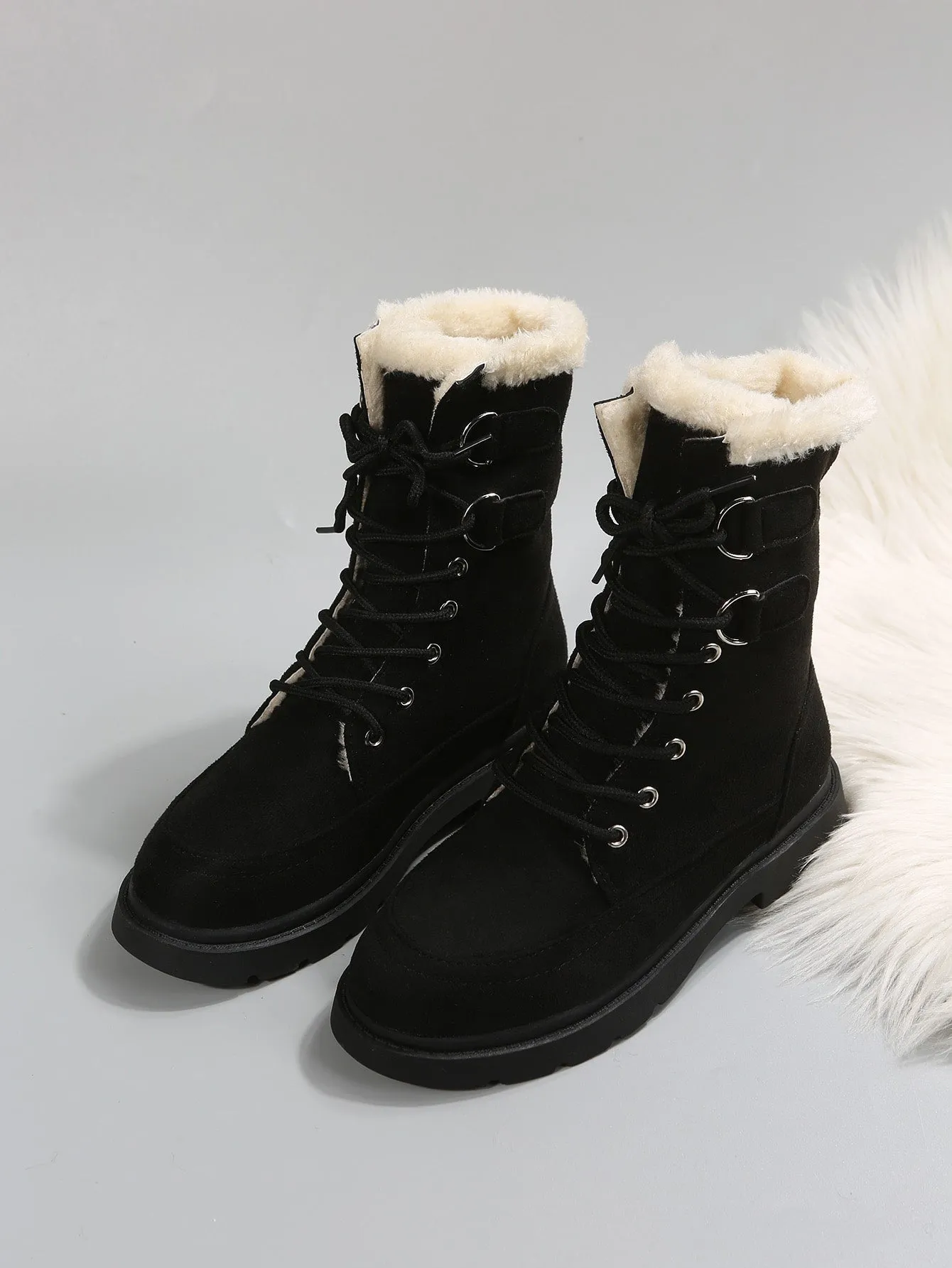 Lace-up Front Thermal Lined Faux Suede Snow Boots - Black