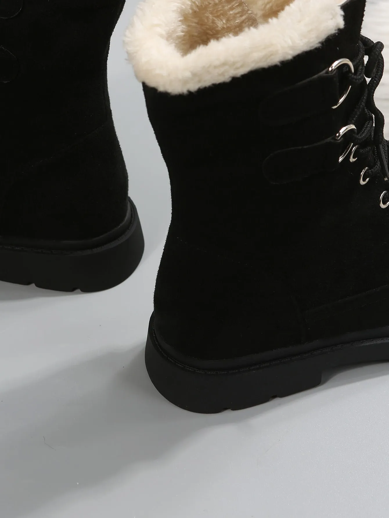 Lace-up Front Thermal Lined Faux Suede Snow Boots - Black