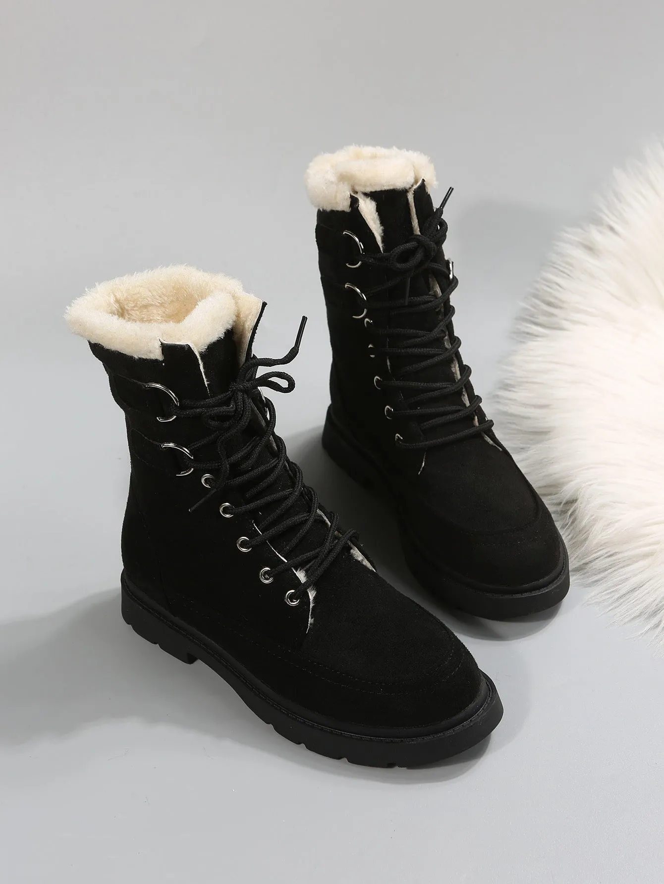 Lace-up Front Thermal Lined Faux Suede Snow Boots - Black
