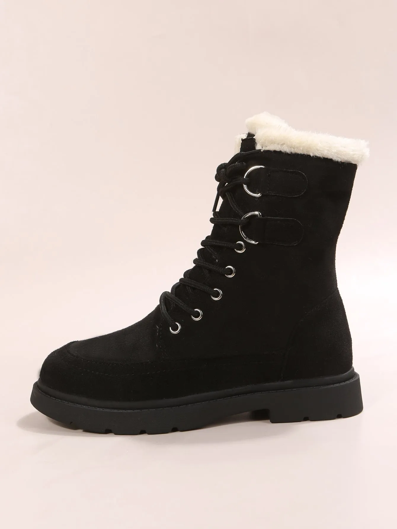 Lace-up Front Thermal Lined Faux Suede Snow Boots - Black