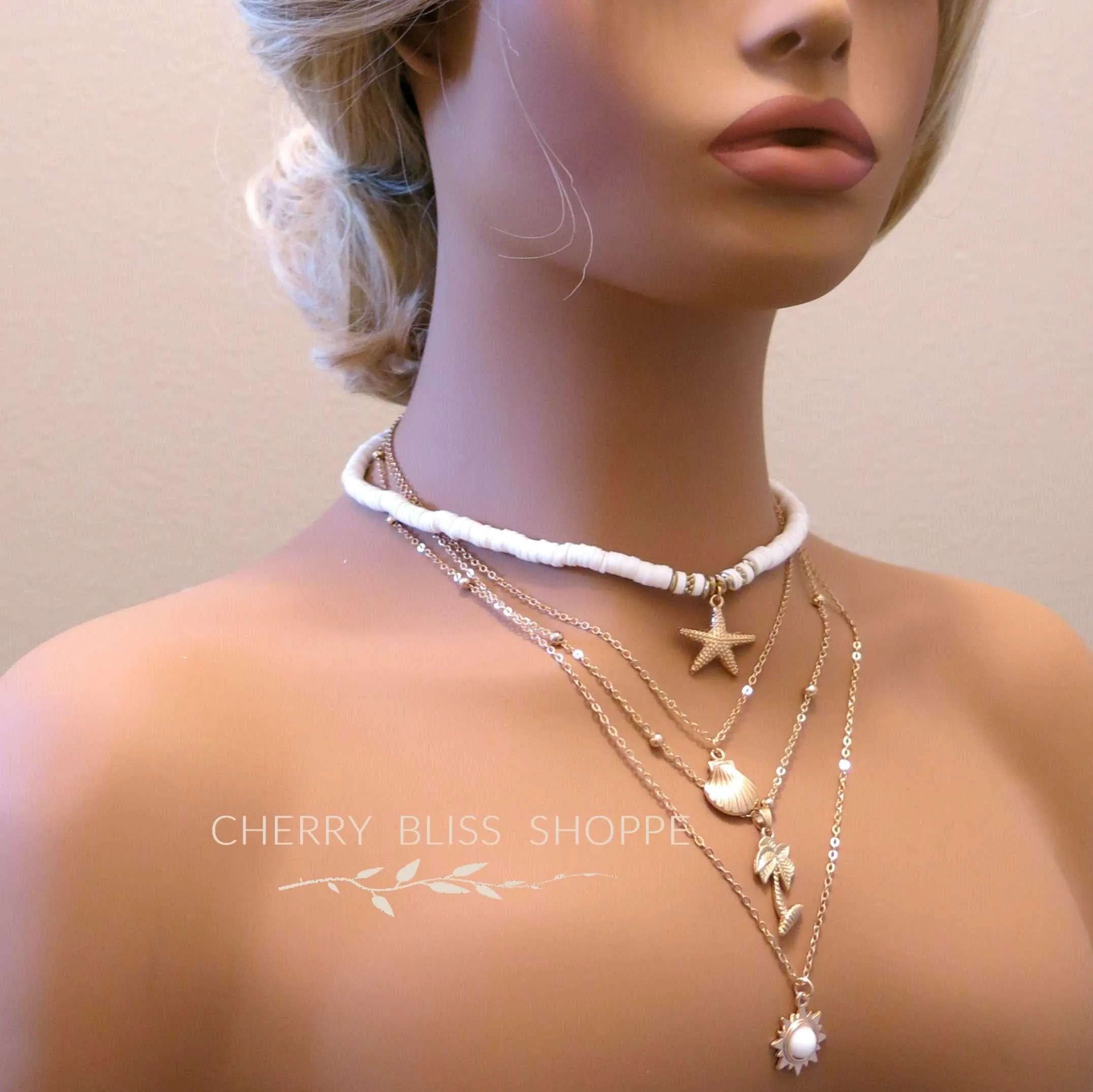 Layered Gold Chain Multi Strand Long Necklace, Multi Strand Boho Shell Charm Long Beach Necklace
