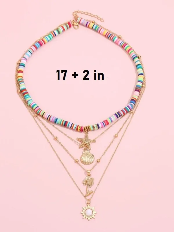 Layered Gold Chain Multi Strand Long Necklace, Multi Strand Boho Shell Charm Long Beach Necklace