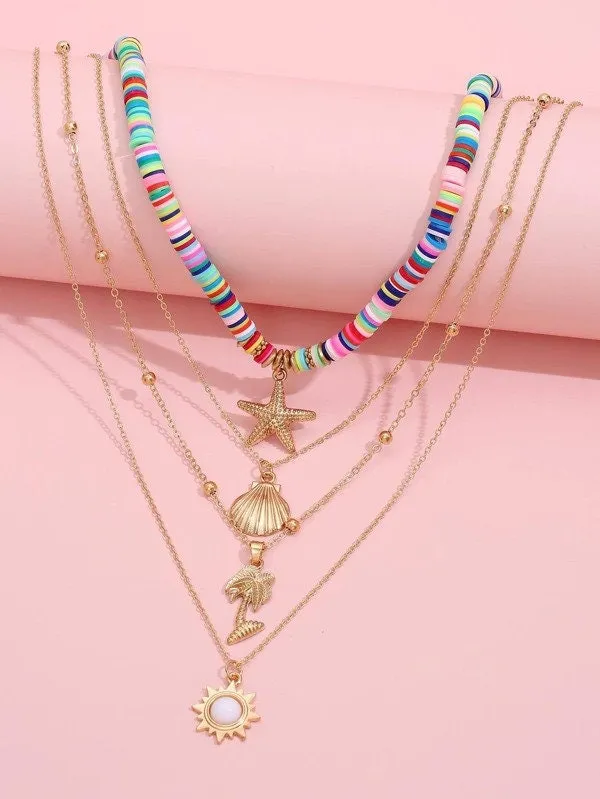 Layered Gold Chain Multi Strand Long Necklace, Multi Strand Boho Shell Charm Long Beach Necklace