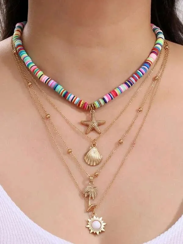 Layered Gold Chain Multi Strand Long Necklace, Multi Strand Boho Shell Charm Long Beach Necklace