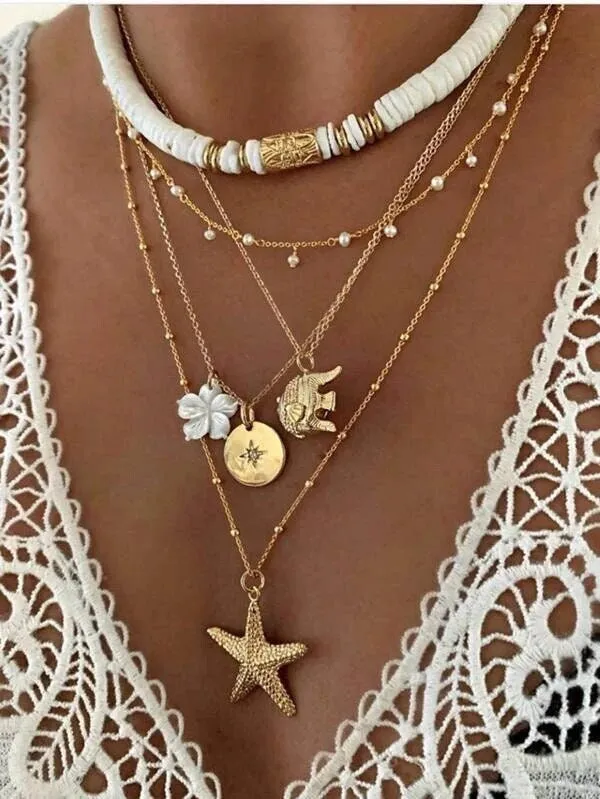 Layered Gold Chain Multi Strand Long Necklace, Multi Strand Boho Shell Charm Long Beach Necklace